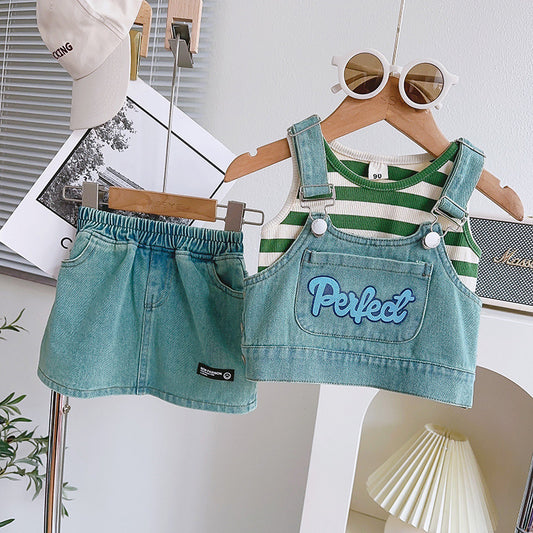 Cute Girl's Summer Denim Outfit Set, New Baby Summer Sleeveless Top with Strap Skirt Three-Piece Set