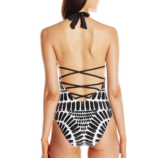 Monokini Plus Size One Piece Swim Bathing Suit Bandage Swimwear Women Halter Neck Swimsuit Maillot De Bain Print Bodysuit