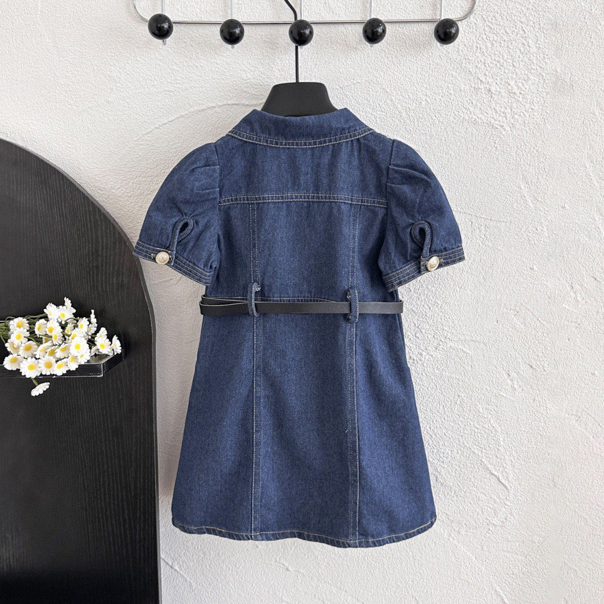 Summer Girls' Dress Short Sleeve Fitted Denim Dress Chic Versatile Retro Dress