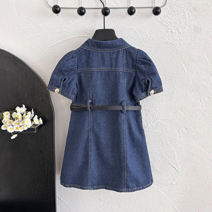 Summer Girls' Dress Short Sleeve Fitted Denim Dress Chic Versatile Retro Dress