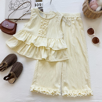 Cute Girls' Summer Outfit Set Sleeveless Ruffled Top and Wide Leg Pants Two-Piece Fashionable Baby Clothing Set