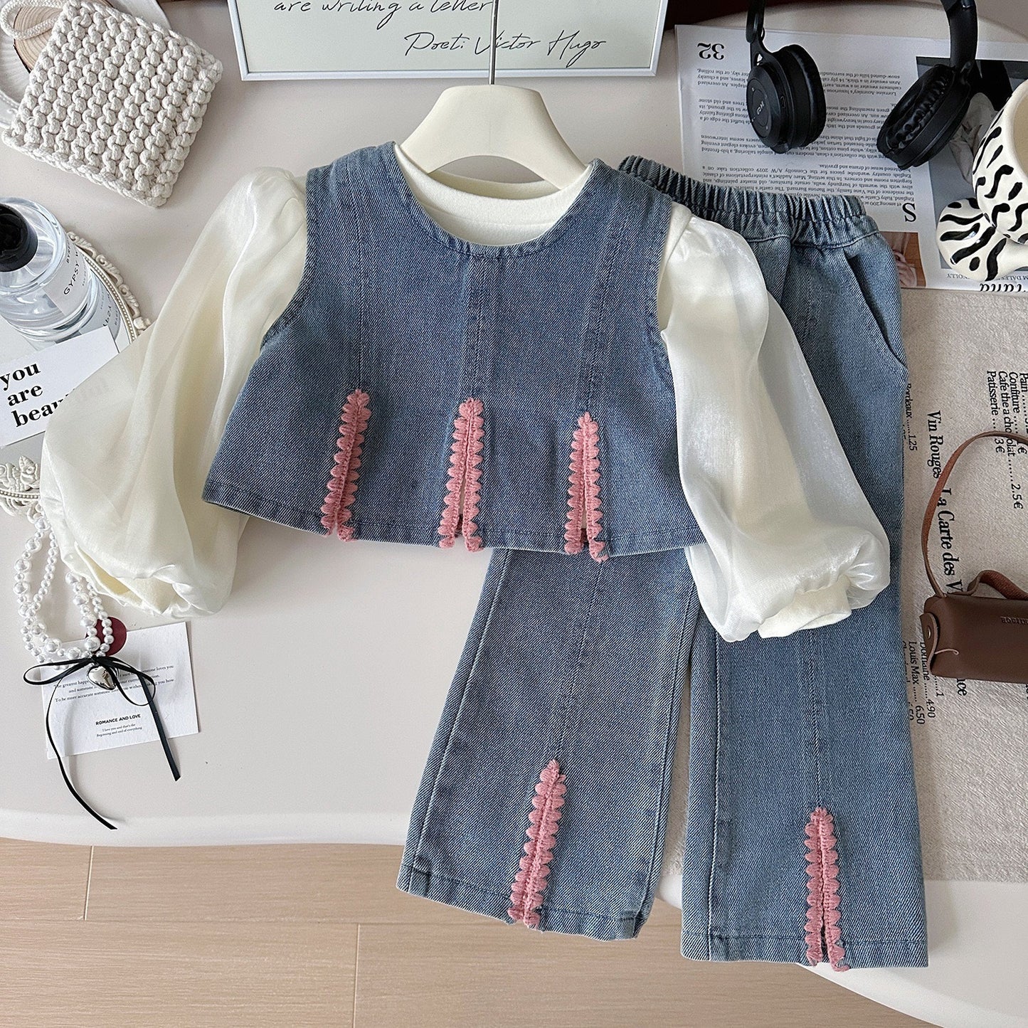 Charming Autumn New Three-Piece Set for Girls: Shirt + Denim Vest + Wide-Leg Pants
