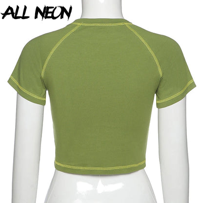 ALLNeon E-girl Butterfly Graphic and Letter Printing Stitch Green Crop Tops Y2K Summer Grunge Style O-neck Short Sleeve T-shirts