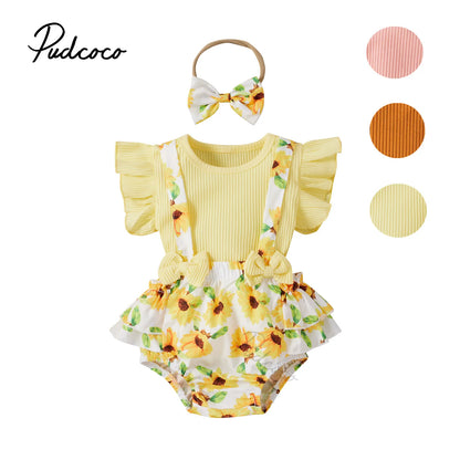 Ensemble trois pièces imprimé tournesol pour bébé, haut à manches volantes à col rond + short à bretelles + bandeau pour bébé fille, été