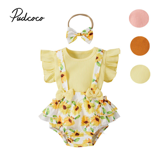 Ensemble trois pièces imprimé tournesol pour bébé, haut à manches volantes à col rond + short à bretelles + bandeau pour bébé fille, été