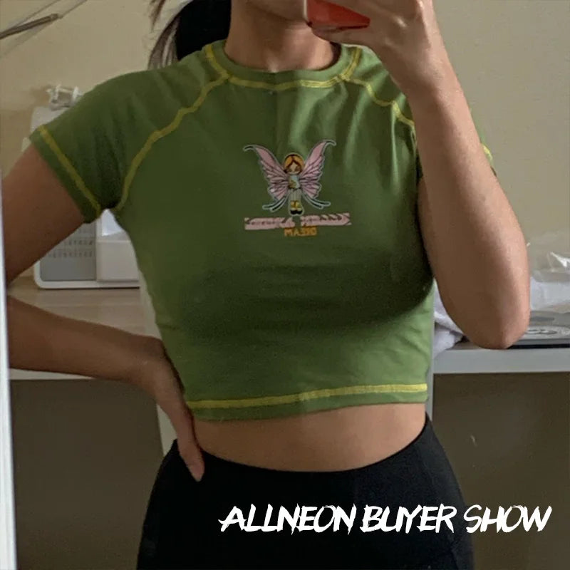 ALLNeon E-girl Butterfly Graphic and Letter Printing Stitch Green Crop Tops Y2K Summer Grunge Style O-neck Short Sleeve T-shirts