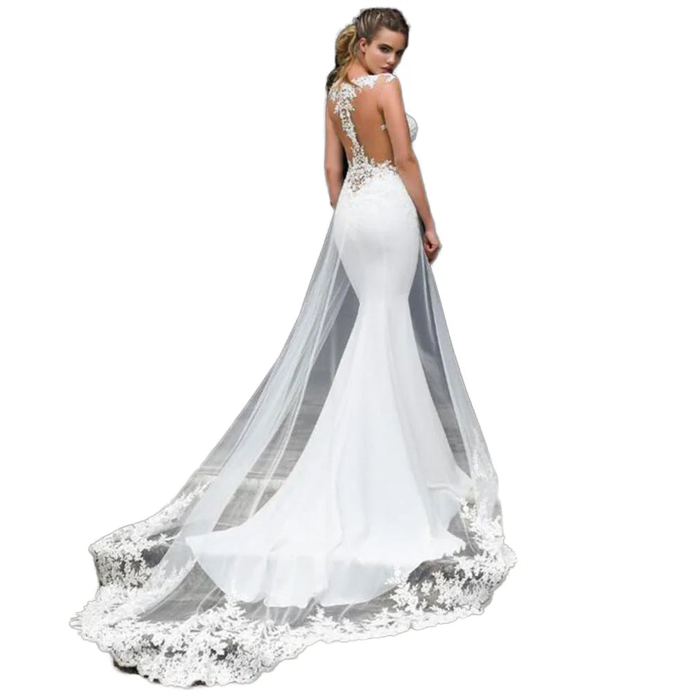 Wedding Dresses Tulle Mermaid Deep V Neck Appliqued Lace Elegant Sexy Long Backless Illusion Sleeveless 2025 Bridal Gowns