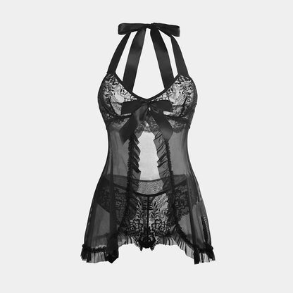 Sheer Mesh Lingerie Bow Sexy Ultra-thin Lace Neck-hanging Women's Romantic Nightgown Underwear