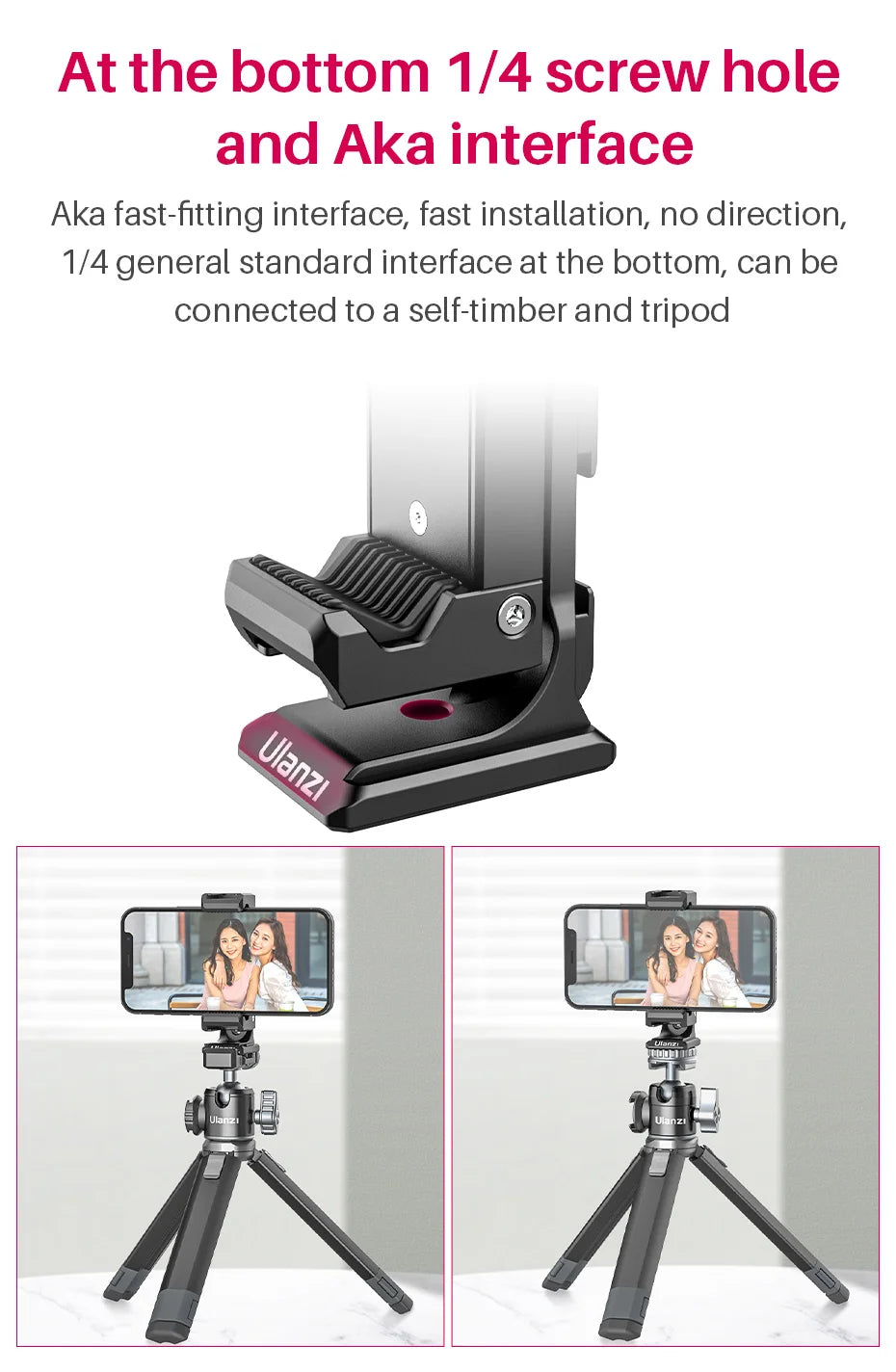 Nouveau support de téléphone en métal Ulanzi ST-27 avec griffe porte-accessoires Arca, fixation rotative à 360°, compatible iPhone et smartphones Android.