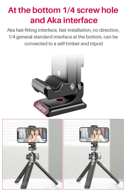 Nouveau support de téléphone en métal Ulanzi ST-27 avec griffe porte-accessoires Arca, fixation rotative à 360°, compatible iPhone et smartphones Android.