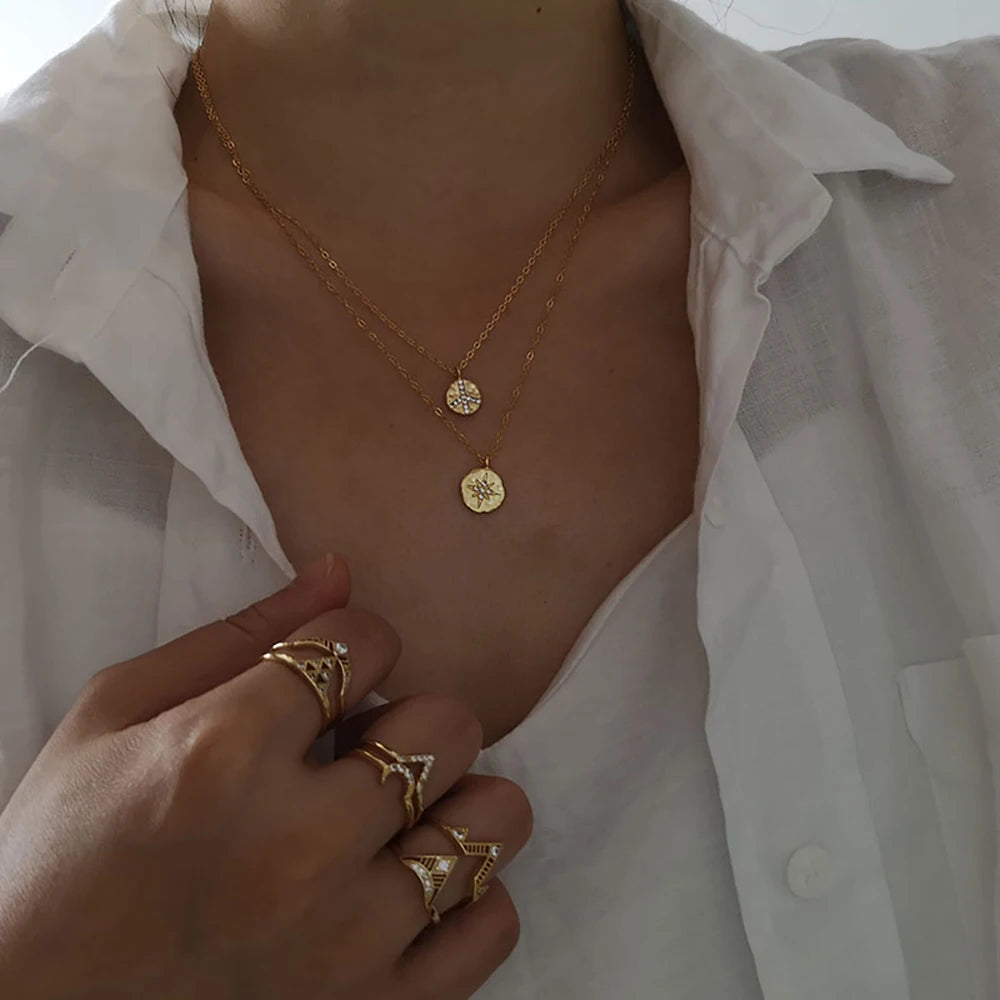 Colliers pendentifs multi-niveaux vintage bohème pour femmes, collier en plaqué or avec cristal et pièce de monnaie, bijoux cadeau de fête, vente en gros