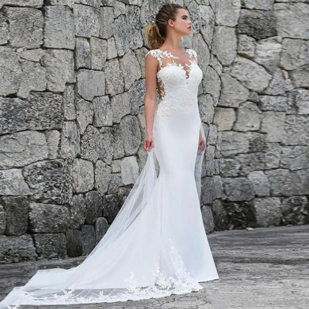 Wedding Dresses Tulle Mermaid Deep V Neck Appliqued Lace Elegant Sexy Long Backless Illusion Sleeveless 2025 Bridal Gowns