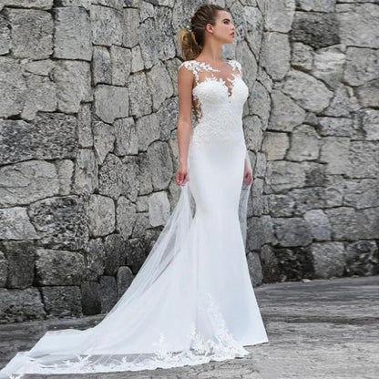 Wedding Dresses Tulle Mermaid Deep V Neck Appliqued Lace Elegant Sexy Long Backless Illusion Sleeveless 2025 Bridal Gowns