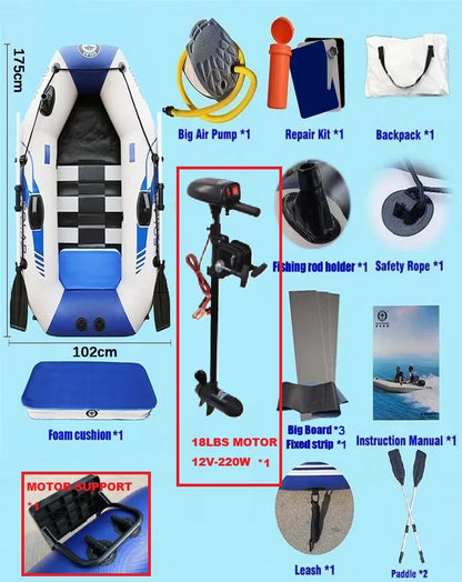 B175 Set Solar Marine 0.7 mm PVC Inflatable Rowing Fishing Boats One Person Kayak Canoe Dinghy with Thrust Motor and Support