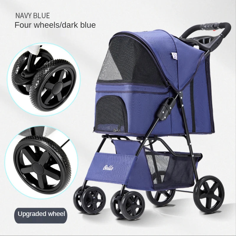 Easy Fold 4-Wheel Travel Pet Stroller with Storage Basket Breathable Mesh Dog Carriage for Outdoor Travel