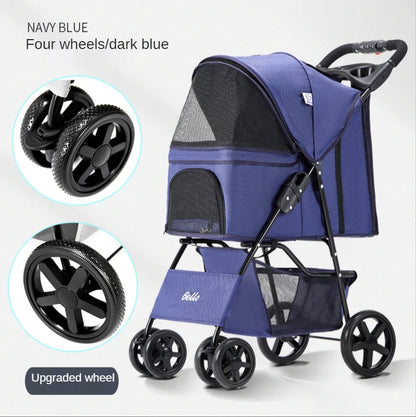 Easy Fold 4-Wheel Travel Pet Stroller with Storage Basket Breathable Mesh Dog Carriage for Outdoor Travel