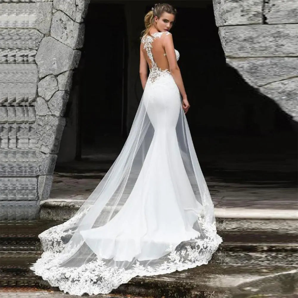 Wedding Dresses Tulle Mermaid Deep V Neck Appliqued Lace Elegant Sexy Long Backless Illusion Sleeveless 2025 Bridal Gowns