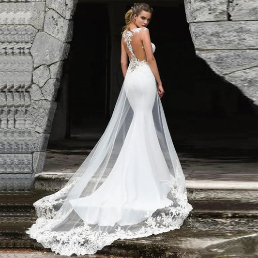 Wedding Dresses Tulle Mermaid Deep V Neck Appliqued Lace Elegant Sexy Long Backless Illusion Sleeveless 2025 Bridal Gowns