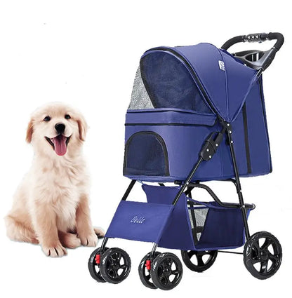 Easy Fold 4-Wheel Travel Pet Stroller with Storage Basket Breathable Mesh Dog Carriage for Outdoor Travel