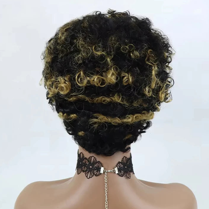 Perruque courte bouclée blonde avec mèches, en cheveux humains, pour femmes noires, sans dentelle, entièrement confectionnée à la machine, pas chère et sans colle.