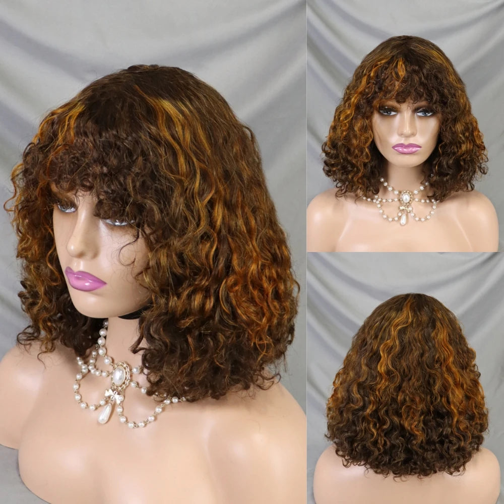 Cheap Human Hair Wig with Bangs for Black Women Glueless Short Water Wave Curly Bob Wigs 200% Density None Lace Front Wig
