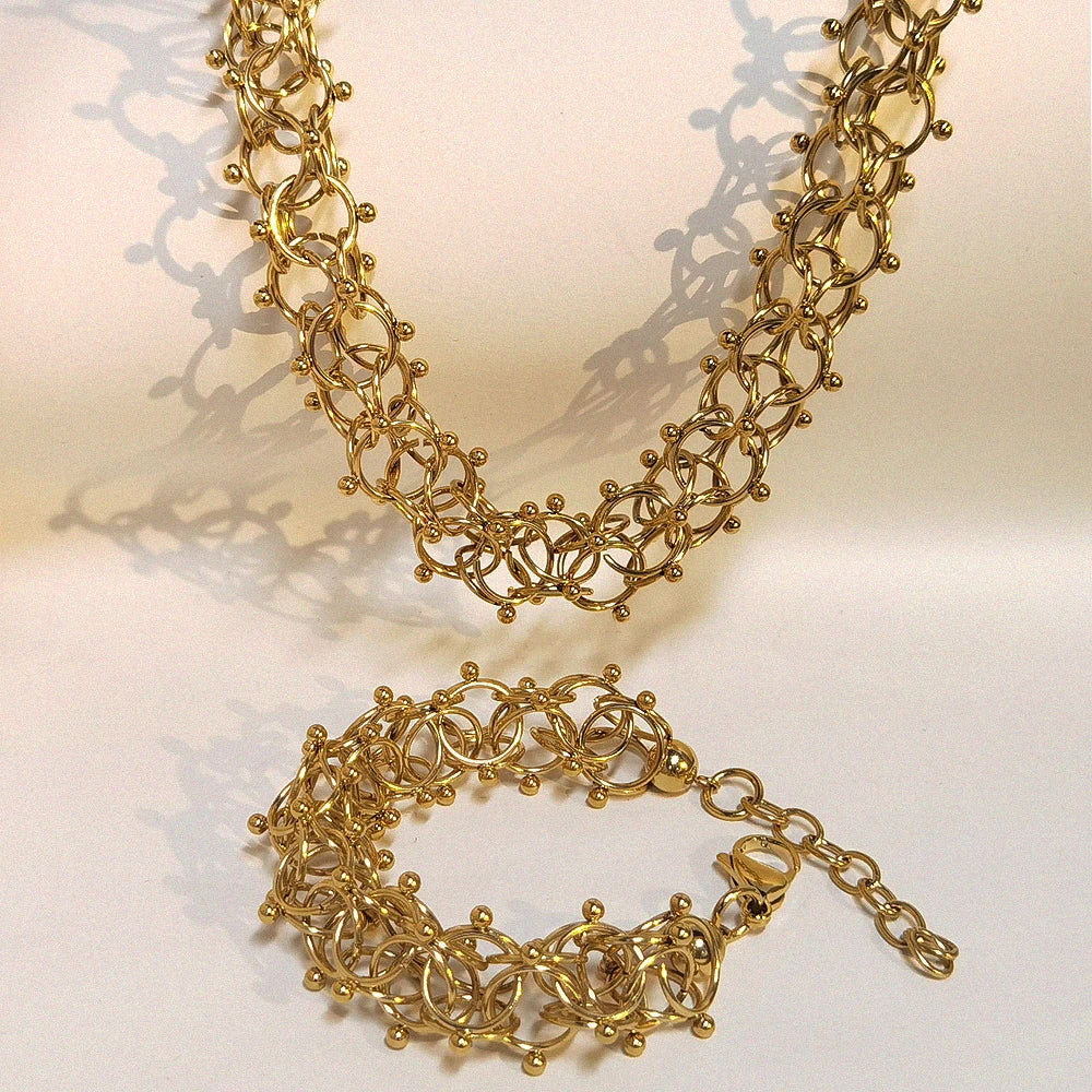 Chunky Stainless Steel Collier Maille Cyclone Ball Chain Necklace Circle Bracelet 18K Gold PVD Plated Jewelry Set Hollow Earring