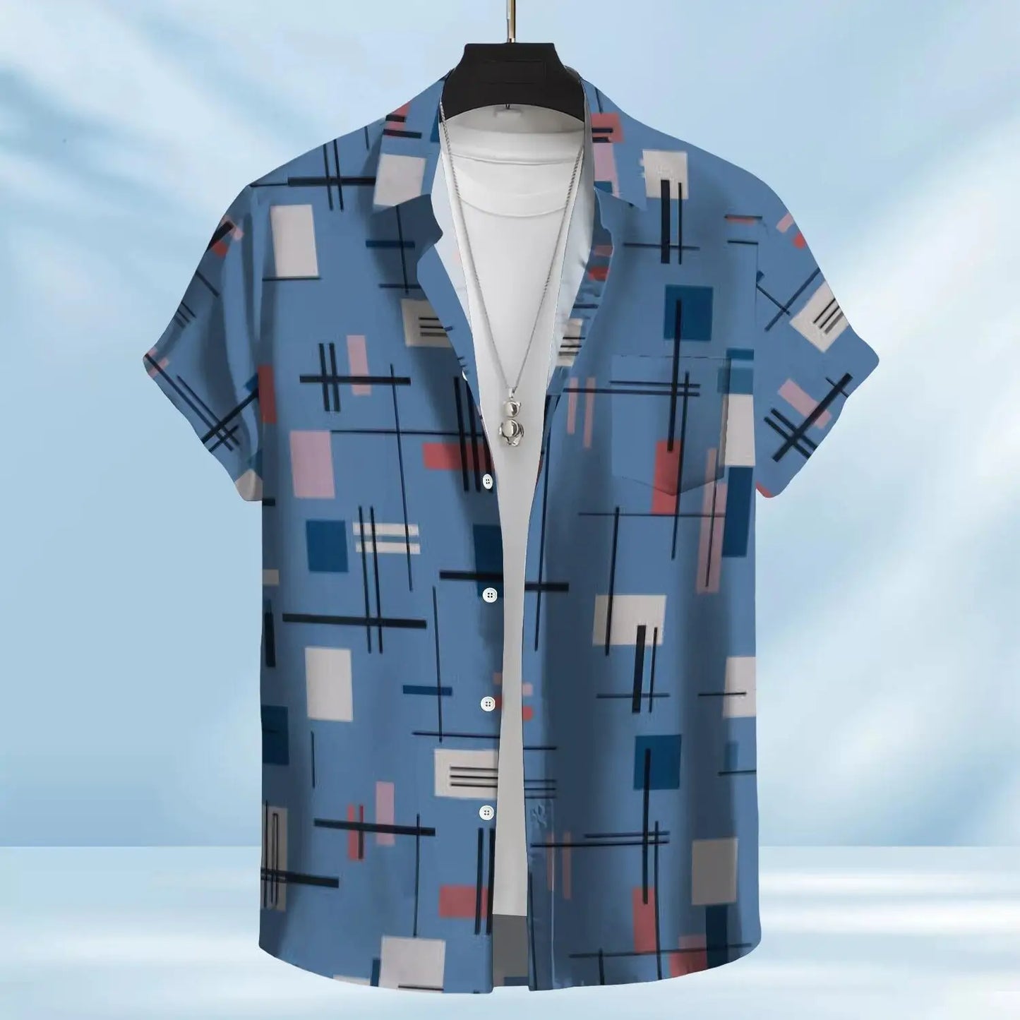 Best-selling Custom-made Hawaiian-style Ink-printed Geometric Pattern Casual Shirt for Men