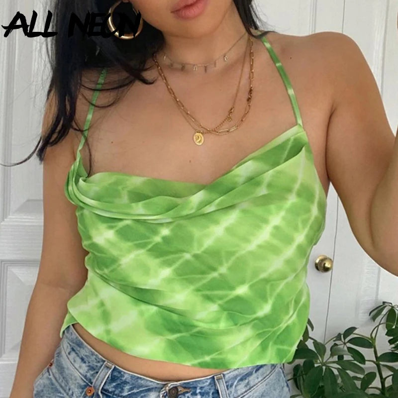 ALLNeon E-Girl Tie Dye Backless Bandage Party Tops Fashion Summer Hollow Out Sexy Camis Tops Chic Vintage Sweet Green Crop Tops