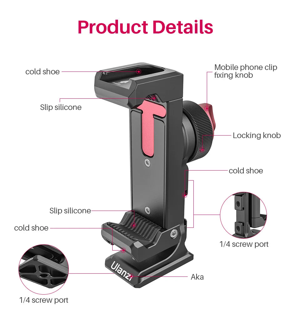 Nouveau support de téléphone en métal Ulanzi ST-27 avec griffe porte-accessoires Arca, fixation rotative à 360°, compatible iPhone et smartphones Android.