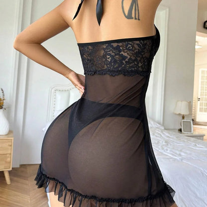 Sheer Mesh Lingerie Bow Sexy Ultra-thin Lace Neck-hanging Women's Romantic Nightgown Underwear