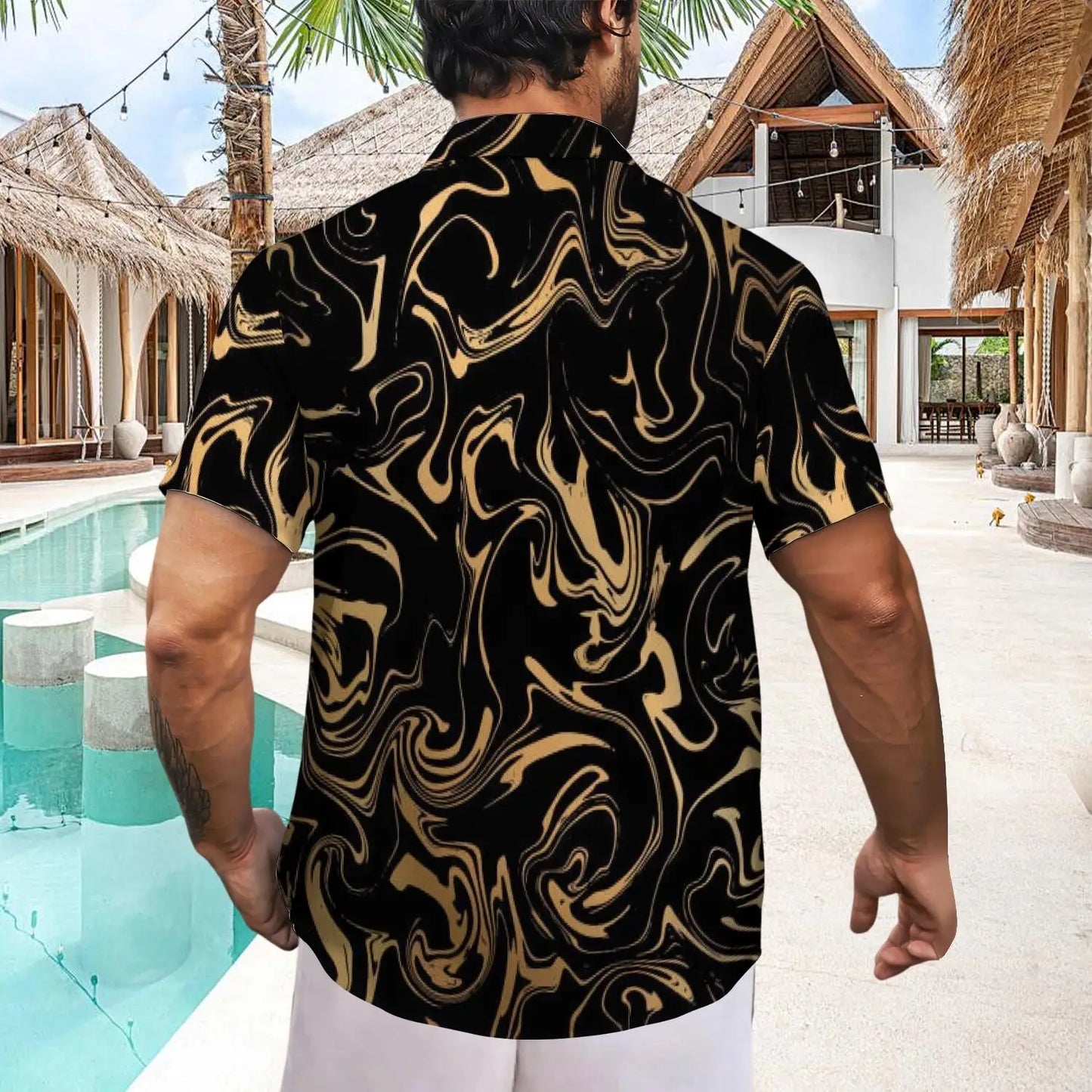 Luxurious Men's Ink-printed Shirt with Golden Marble Pattern Design. 100% Polyester Fiber. Quick-drying Summer Custom-made Style