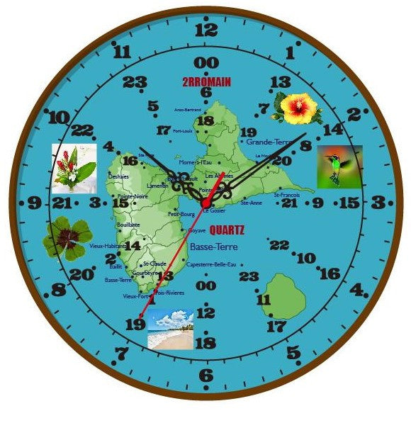 Horloge Duale 2RROMAIN : L'Heure en France et aux Antilles en Un Seul Coup d'Oeil - 40cm