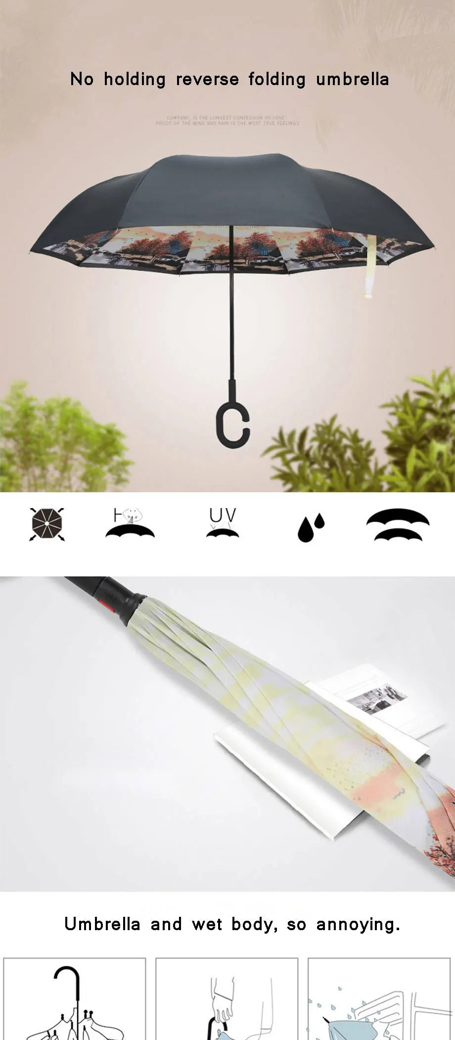 Parapluie inversé à double couche pliable à longue tige 2023, coupe-vent, crochet en C inversé, parapluie de golf pour homme, parapluie inversé pour voiture