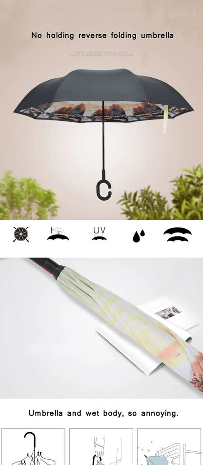 Parapluie inversé à double couche pliable à longue tige 2023, coupe-vent, crochet en C inversé, parapluie de golf pour homme, parapluie inversé pour voiture