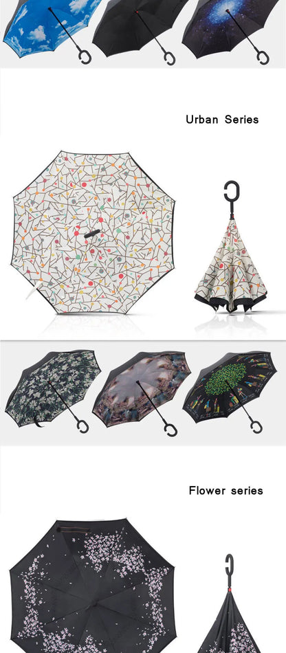 Parapluie inversé à double couche pliable à longue tige 2023, coupe-vent, crochet en C inversé, parapluie de golf pour homme, parapluie inversé pour voiture