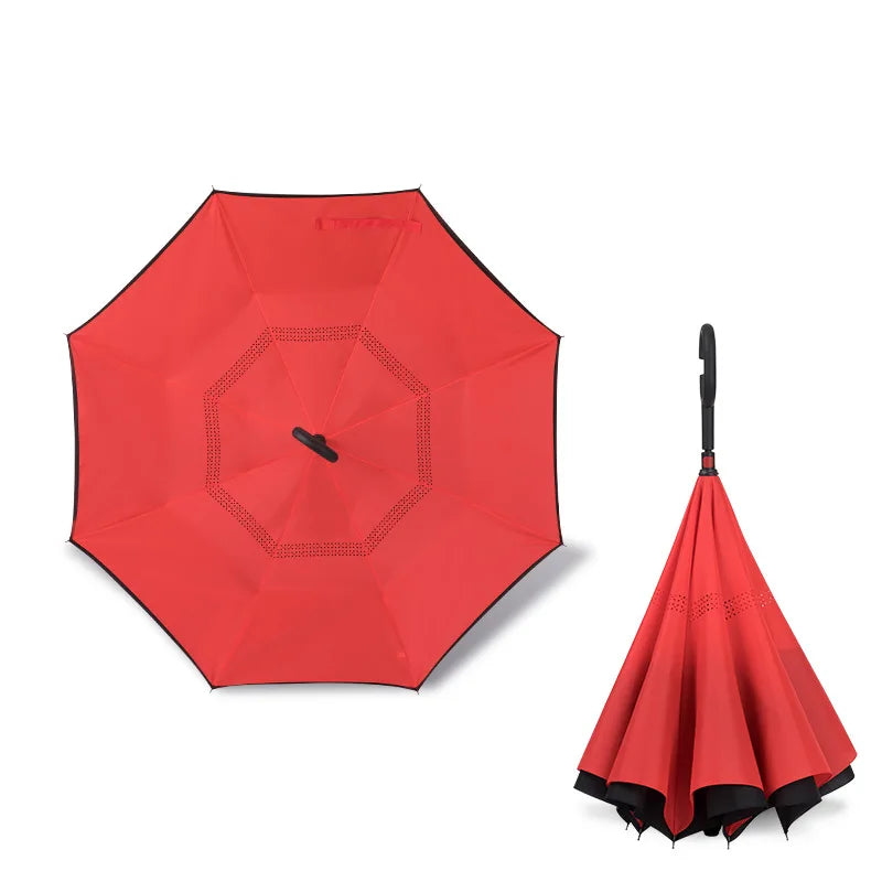 Parapluie inversé à double couche pliable à longue tige 2023, coupe-vent, crochet en C inversé, parapluie de golf pour homme, parapluie inversé pour voiture
