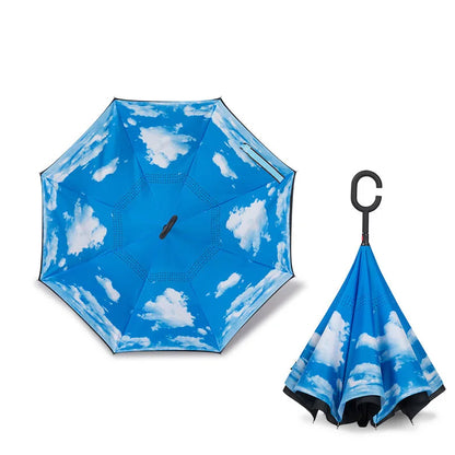 Parapluie inversé à double couche pliable à longue tige 2023, coupe-vent, crochet en C inversé, parapluie de golf pour homme, parapluie inversé pour voiture