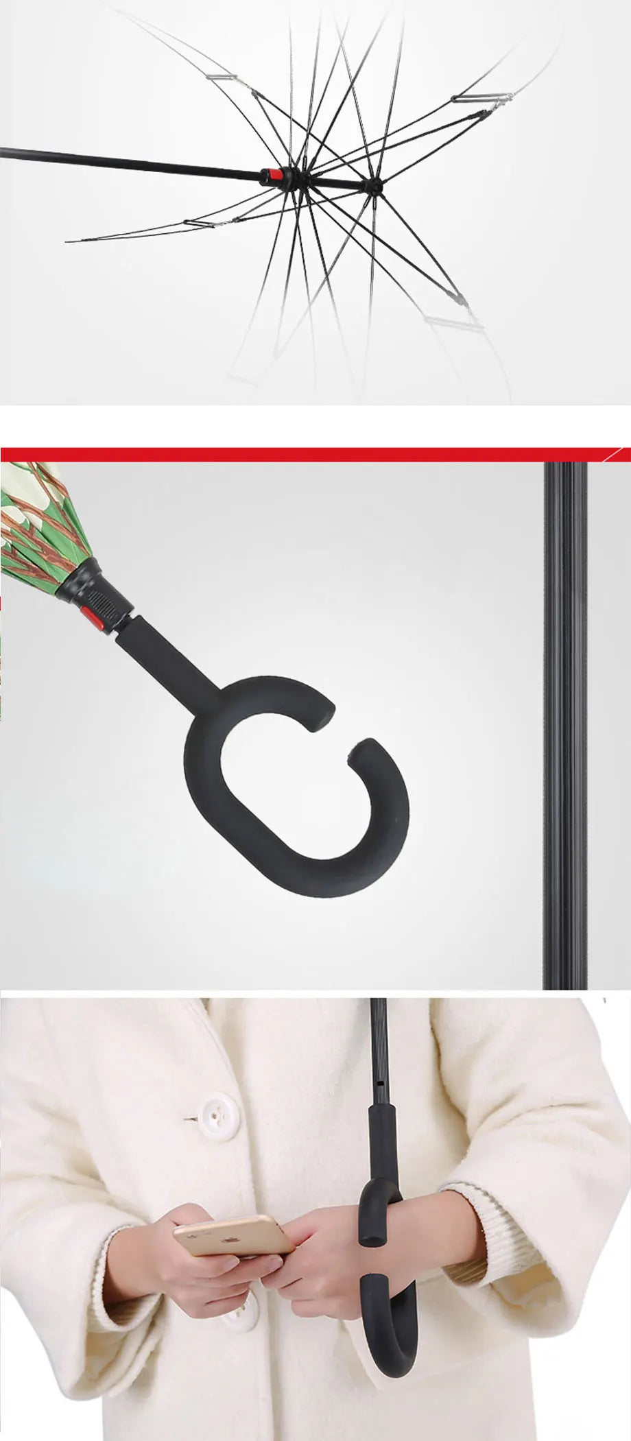 Parapluie inversé à double couche pliable à longue tige 2023, coupe-vent, crochet en C inversé, parapluie de golf pour homme, parapluie inversé pour voiture