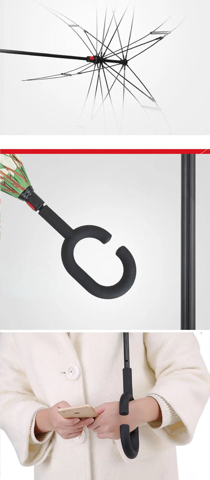 Parapluie inversé à double couche pliable à longue tige 2023, coupe-vent, crochet en C inversé, parapluie de golf pour homme, parapluie inversé pour voiture