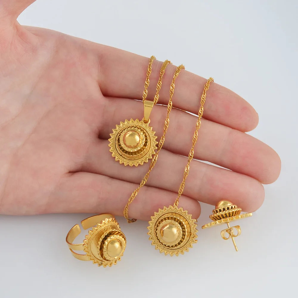 Anniyo-Petit ensemble de bijoux éthiopiens, collier, boucles d'oreilles, bague, documents en or, pour patients africains, Habesha, mariage érythréen, Soudan, #045306