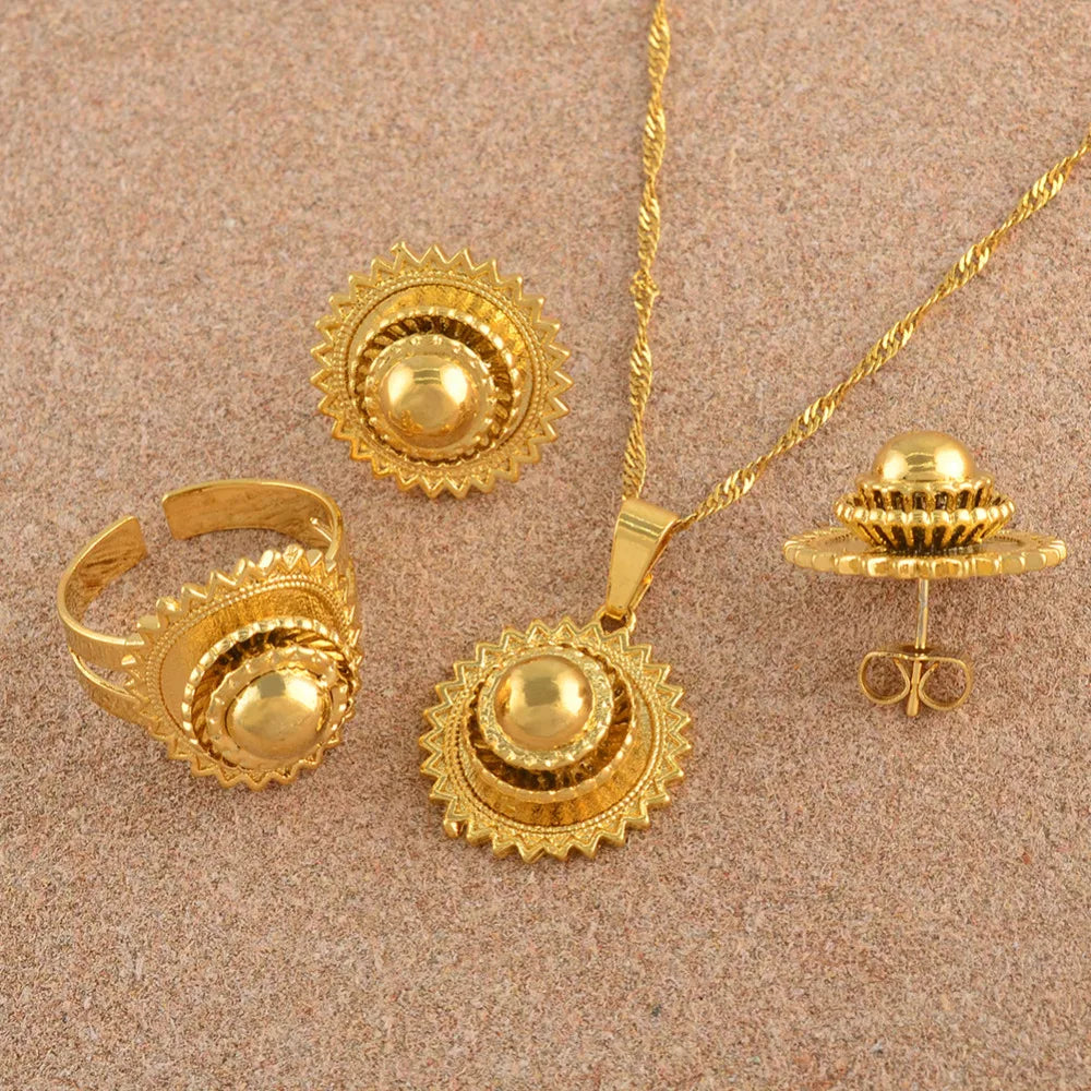 Anniyo-Petit ensemble de bijoux éthiopiens, collier, boucles d'oreilles, bague, documents en or, pour patients africains, Habesha, mariage érythréen, Soudan, #045306