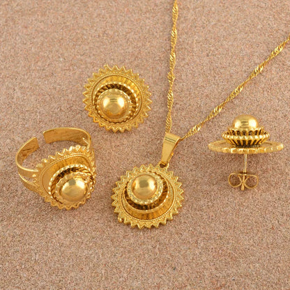 Anniyo-Petit ensemble de bijoux éthiopiens, collier, boucles d'oreilles, bague, documents en or, pour patients africains, Habesha, mariage érythréen, Soudan, #045306