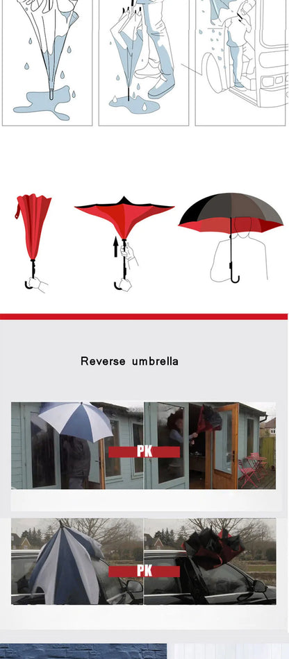 Parapluie inversé à double couche pliable à longue tige 2023, coupe-vent, crochet en C inversé, parapluie de golf pour homme, parapluie inversé pour voiture