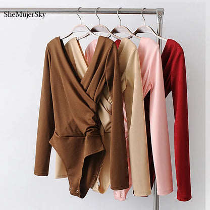 SheMujerSky Long Sleeve Bodysuit Women Backless Jumpsuits Black White Body femme monos cortos de mujer