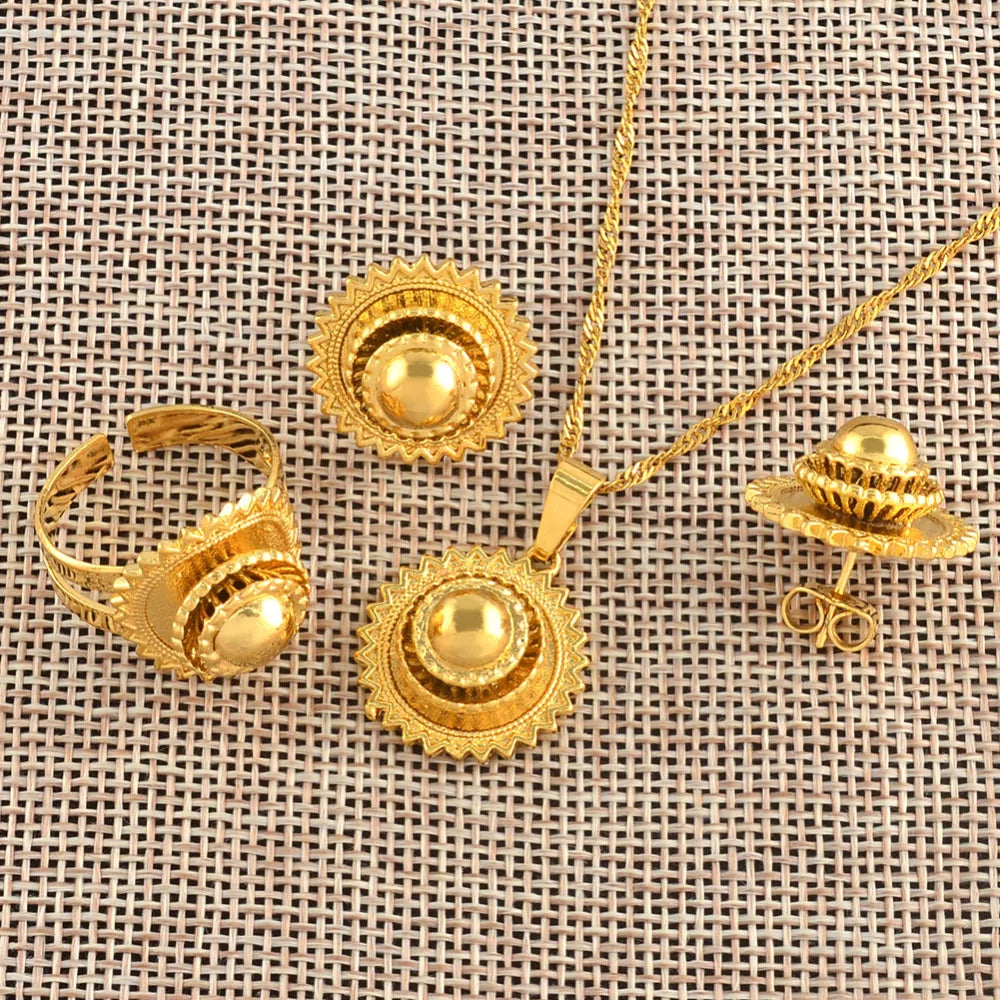 Anniyo-Petit ensemble de bijoux éthiopiens, collier, boucles d'oreilles, bague, documents en or, pour patients africains, Habesha, mariage érythréen, Soudan, #045306