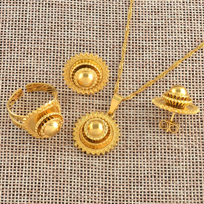 Anniyo-Petit ensemble de bijoux éthiopiens, collier, boucles d'oreilles, bague, documents en or, pour patients africains, Habesha, mariage érythréen, Soudan, #045306
