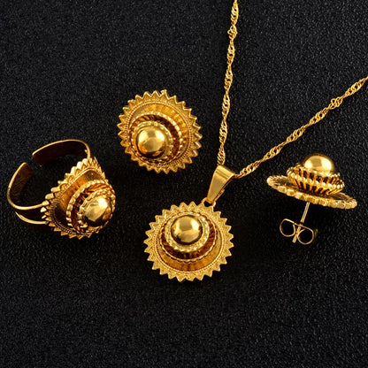 Anniyo-Petit ensemble de bijoux éthiopiens, collier, boucles d'oreilles, bague, documents en or, pour patients africains, Habesha, mariage érythréen, Soudan, #045306