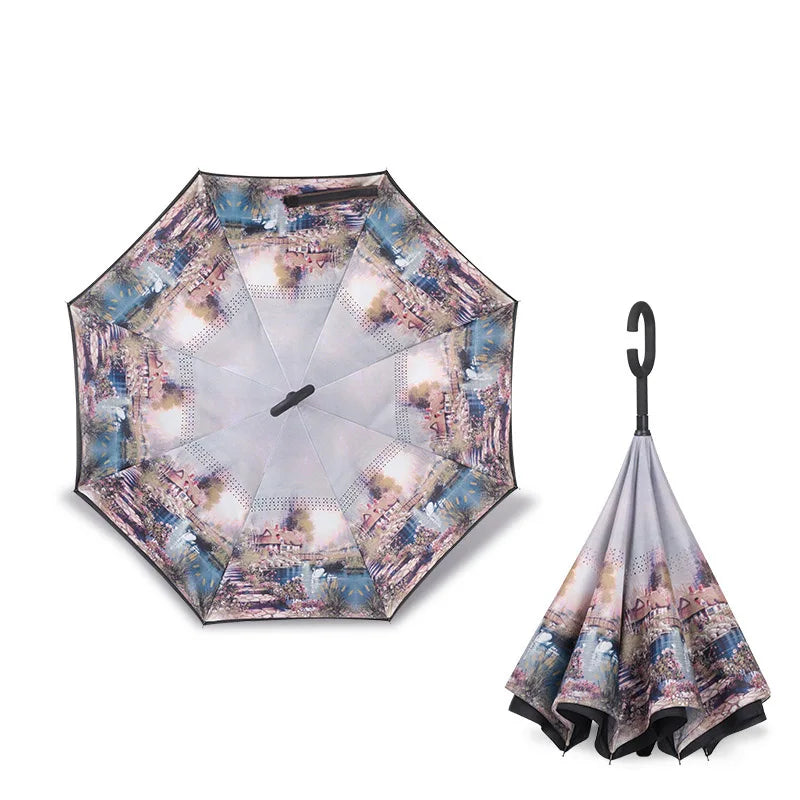 Parapluie inversé à double couche pliable à longue tige 2023, coupe-vent, crochet en C inversé, parapluie de golf pour homme, parapluie inversé pour voiture