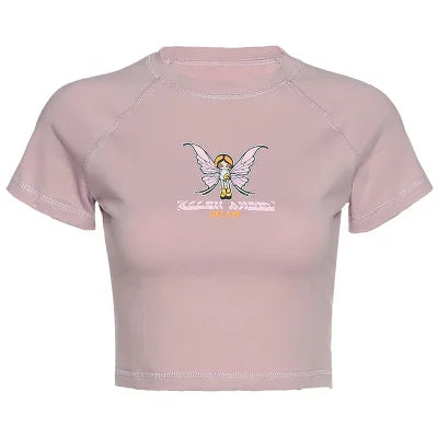 ALLNeon E-girl Butterfly Graphic and Letter Printing Stitch Green Crop Tops Y2K Summer Grunge Style O-neck Short Sleeve T-shirts