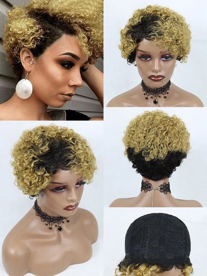 Perruque courte bouclée blonde avec mèches, en cheveux humains, pour femmes noires, sans dentelle, entièrement confectionnée à la machine, pas chère et sans colle.
